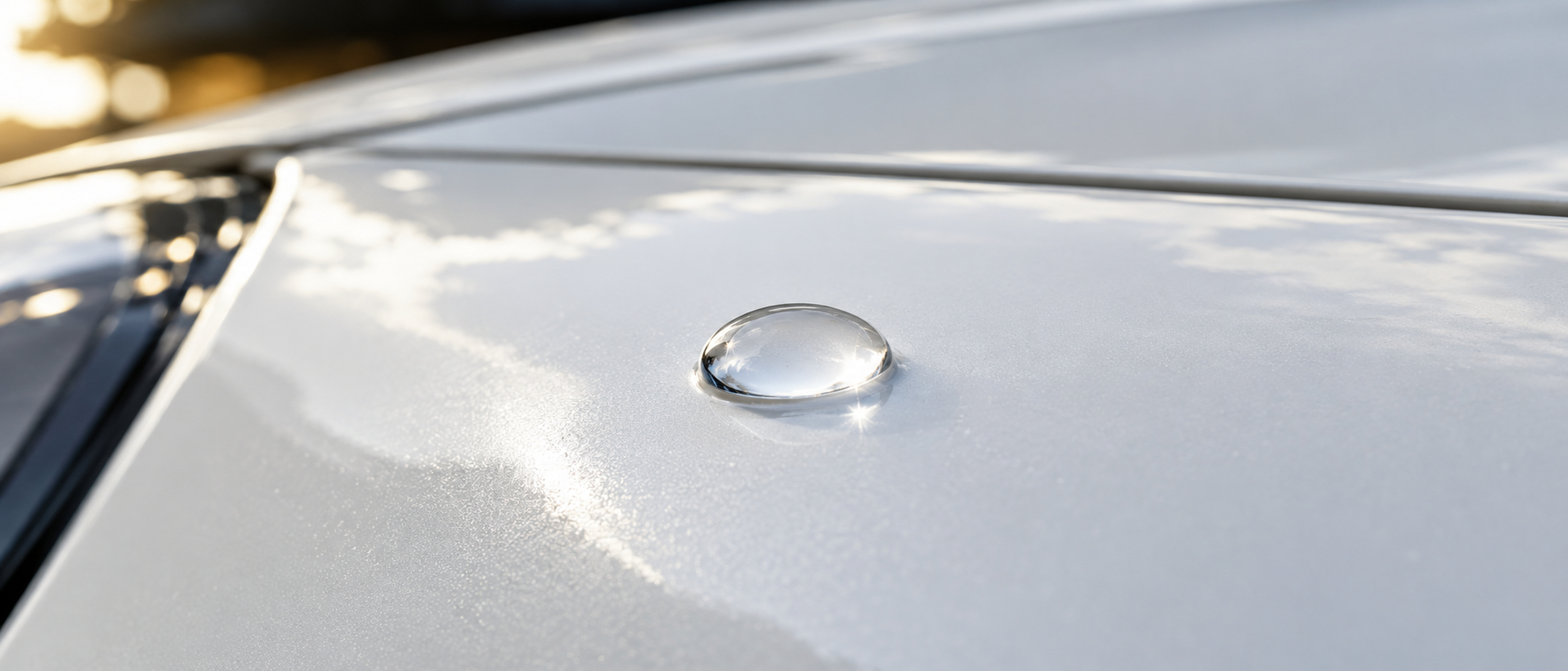 Goutte d'eau sur une carrosserie blanche, cadrage minimal